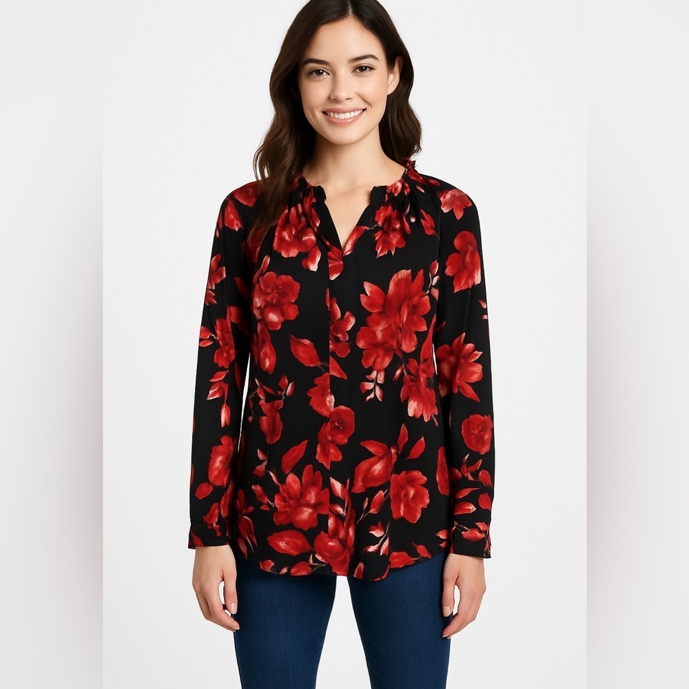 Croft & Barrow Women's‎ Blouse Top S Black Red Floral Ruffle Neck  Long Sleeve